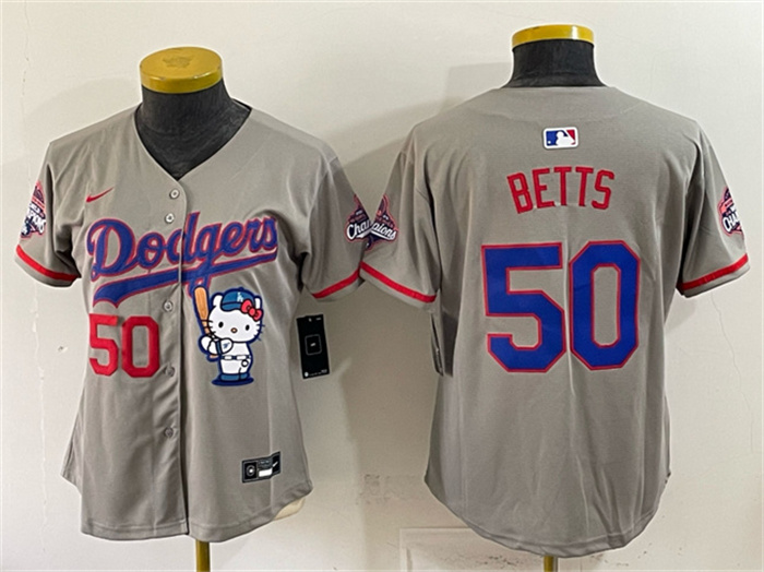 Youth Los Angeles Dodgers #50 Mookie Betts Grey Hello Kitty Night 2025 World Series Champions Patch Stitched Baseball Jersey Youth Los Angeles Dodgers #50 Mookie Betts Grey Hello Kitty Night 2025 World Series Champions Patch Stitched Baseball Jersey